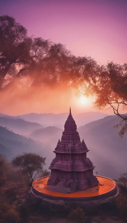 Un nebbioso tempio indù in montagna durante le prime luci dell&#39;alba con una tranquilla alba arancione e viola sullo sfondo.
