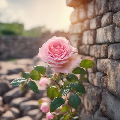 Uma rosa rosa crescendo em um antigo muro de pedra.