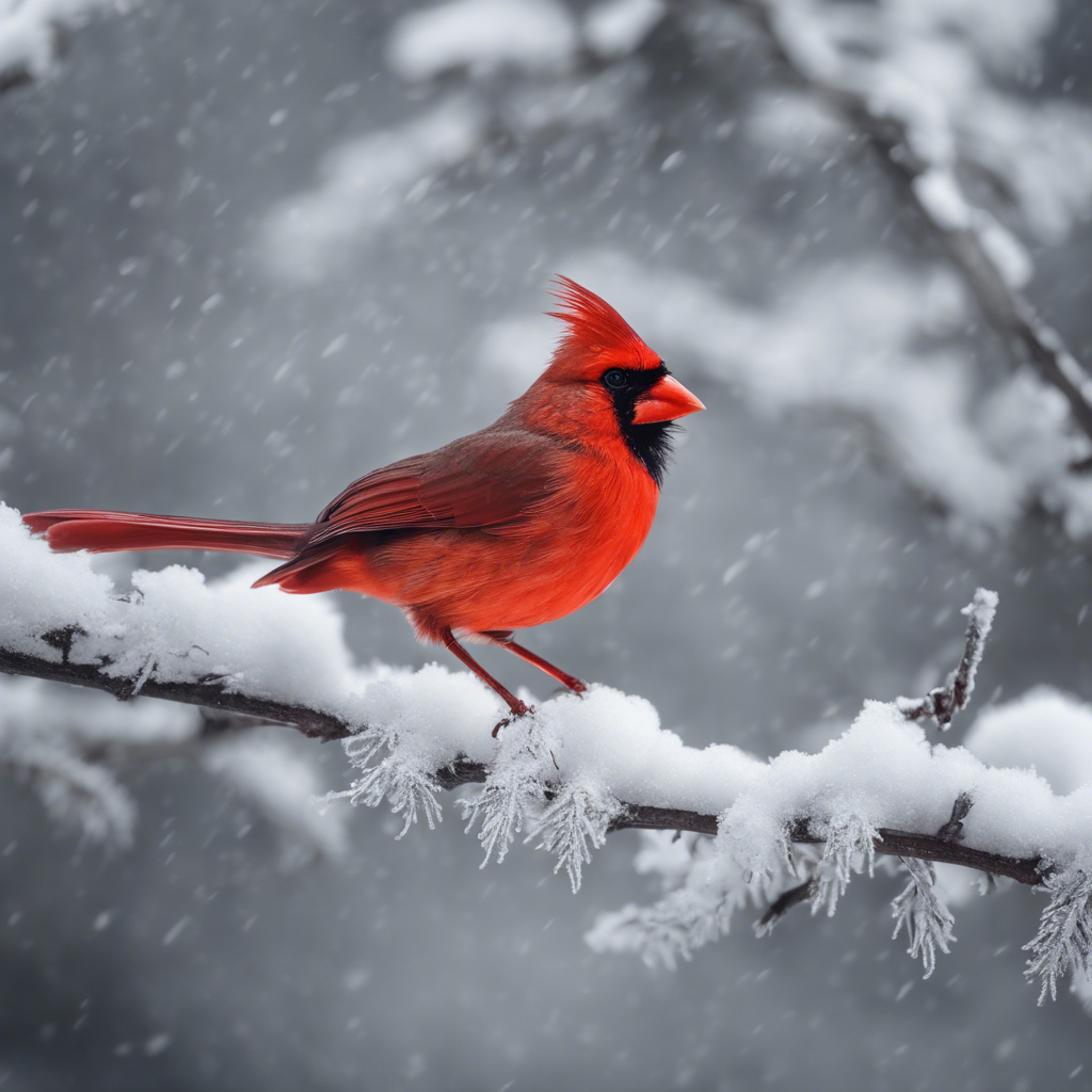 A red cardinal perched on a frosted, snow-laden branch, adding a pop of color to the otherwise monochrome winter scene. Wallpaper[df66bf895dd24dce8367]