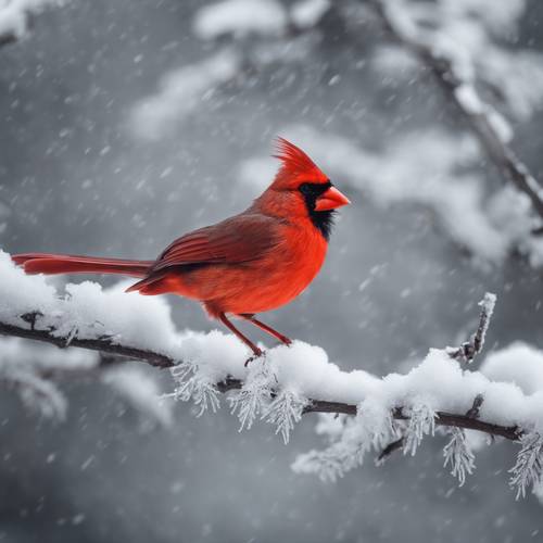 Ein roter Kardinal sitzt auf einem mit Frost und Schnee bedeckten Ast und verleiht der sonst eintönigen Winterlandschaft einen Farbtupfer.