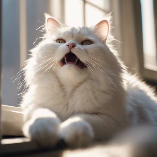 Un gato blanco y esponjoso bostezando y estirándose bajo un rayo de sol junto a una ventana, revelando pequeñas garras afiladas.