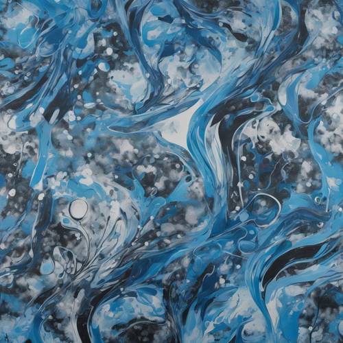 An abstract painting on a canvas featuring varying shades of blue camo swirls.
