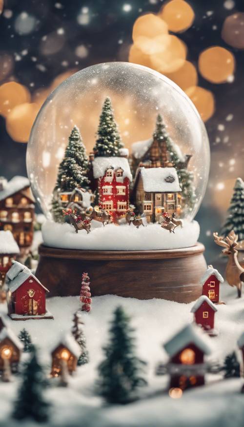 A whimsical snow globe showing a miniature festive village, with Santa and his reindeers flying over rooftops. Wallpaper [e647ecf49f934d7289e6]