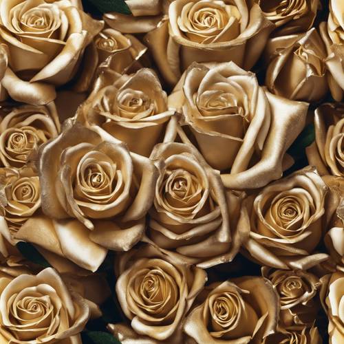 Narin bir porselen vazoda düzenlenmiş, kadifemsi yaprakları olan parıldayan altın güllerden oluşan lüks bir kompozisyon.