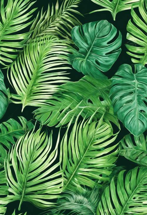 Patrón sin costuras con hojas tropicales en verde vivo.