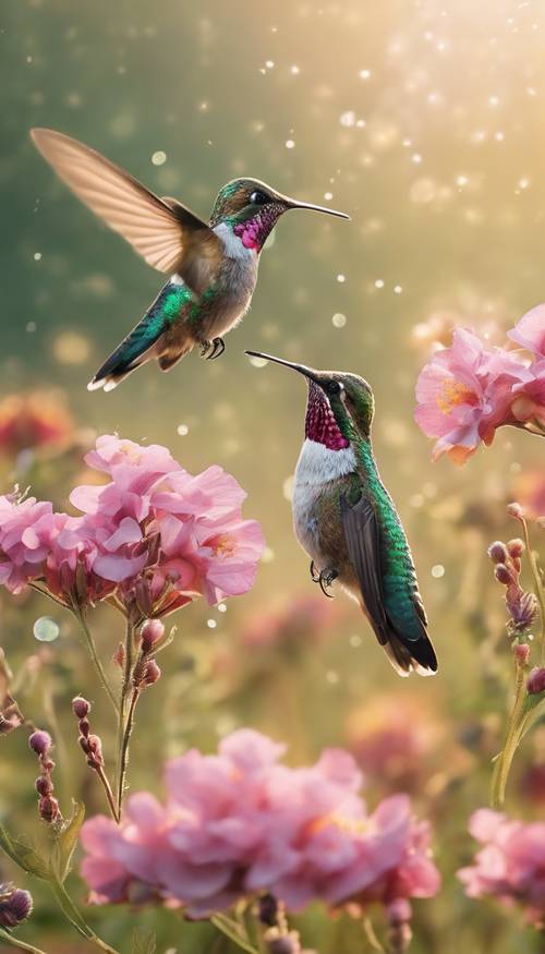 Şafak vakti çiçekli bir çayırda bir senfoni ıslık çalan bir sinek kuşu ekibi. duvar kağıdı [0077aa2f15ed40689d96]