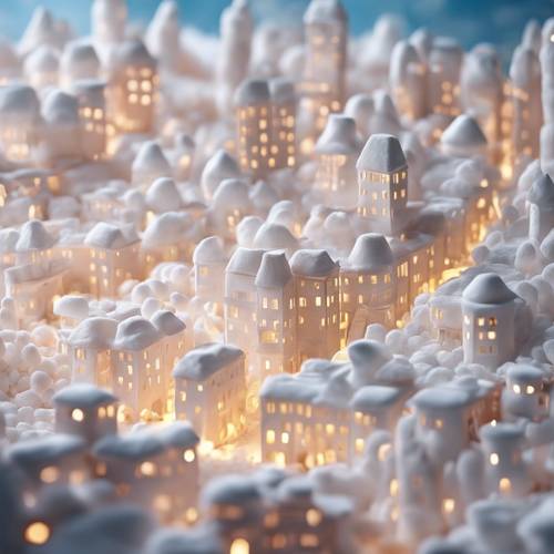 온통 하얀 마시멜로로 이루어진 구름 위의 도시, 건물 사이를 무지개 다리로 연결하고 있습니다.