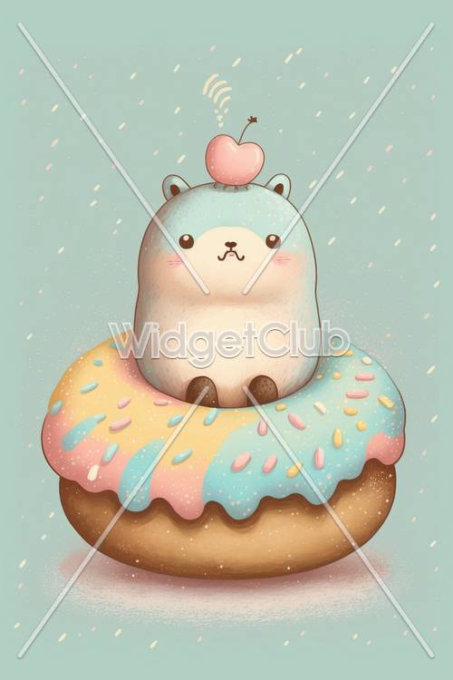可愛的熊在甜甜圈上撒上糖粉和櫻桃