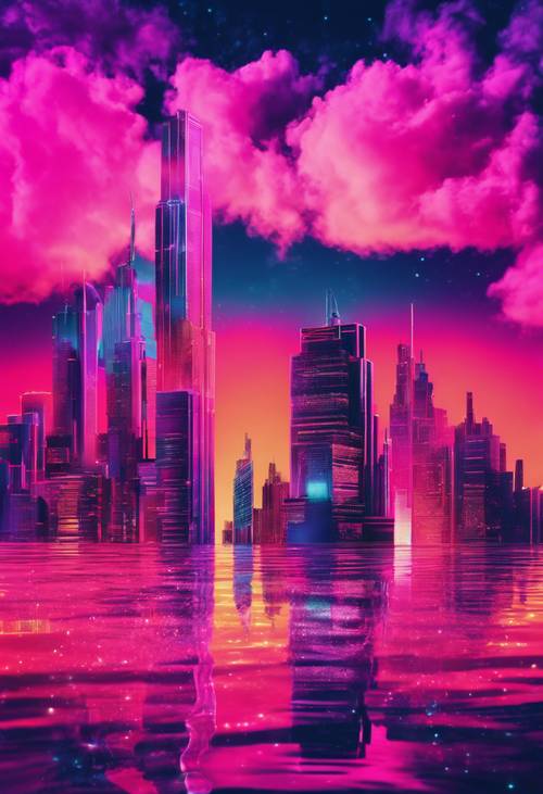 Un horizonte digital en intensos colores neón con un reflejo cristalino en el agua inspirado en Vaporwave.
