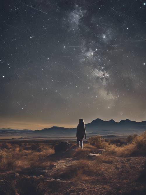 Um céu noturno tranquilo, claro e estrelado com &#39;Mire na lua, mesmo se você falhar você pousará entre as estrelas&#39; brilhando intensamente na constelação.