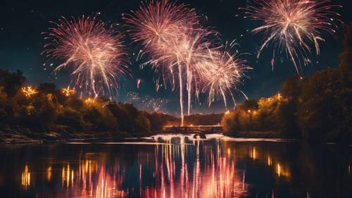 نهر متعرج بطيء في الليل، يعكس الألوان الرائعة لعرض الألعاب النارية في السماء. ورق الجدران [25a61035b7b74ffabdb5]