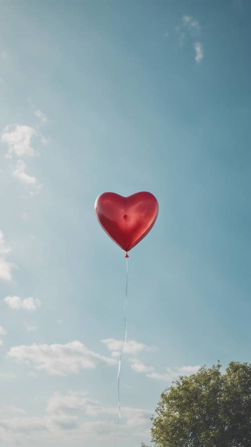 Un ballon en forme de cœur flottant sur un ciel bleu clair.