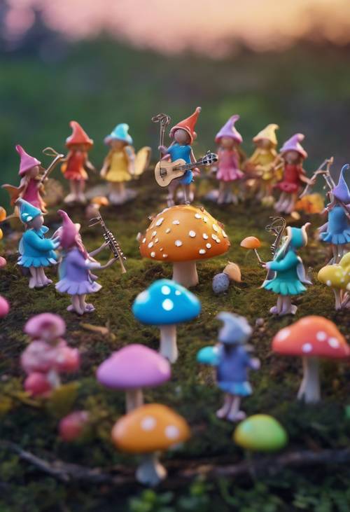 Un éventail de fées aux couleurs de l’arc-en-ciel jouant des instruments de musique autour d’un cercle de champignons dans le doux crépuscule.