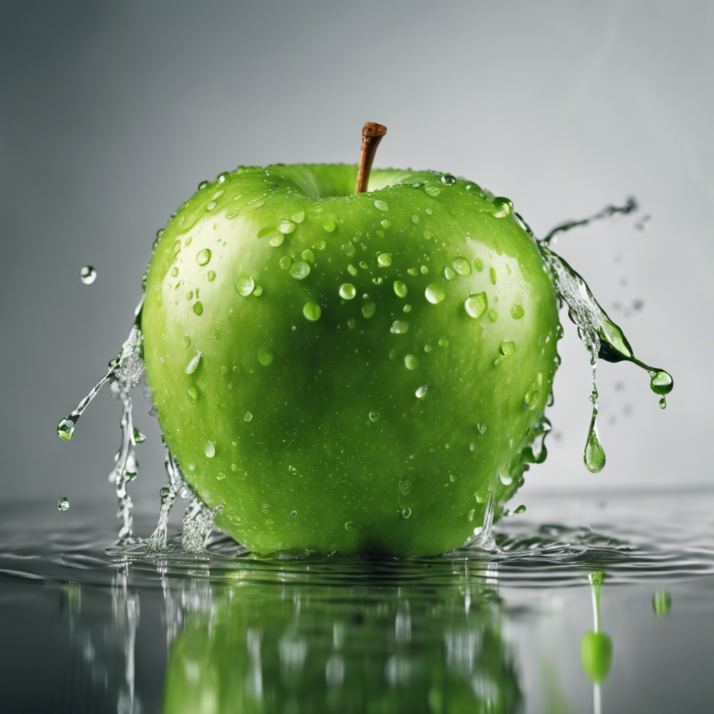 A ripe, green apple with golden streaks, suspended in mid-air with a few droplets of water around it. Tapet[9b0972f574784576aaed]