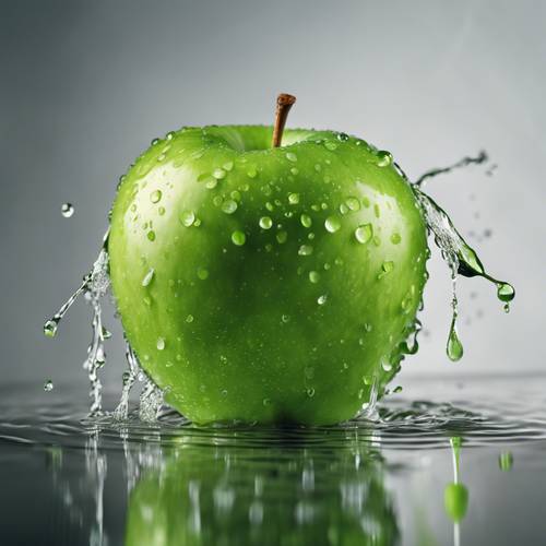 תפוח בשל, ירוק עם פסים זהובים, תלוי באוויר עם כמה טיפות מים סביבו.