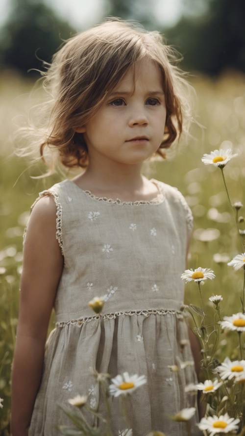 데이지로 장식된 손바느질 리넨 드레스를 입고 들판에 있는 어린 소녀.