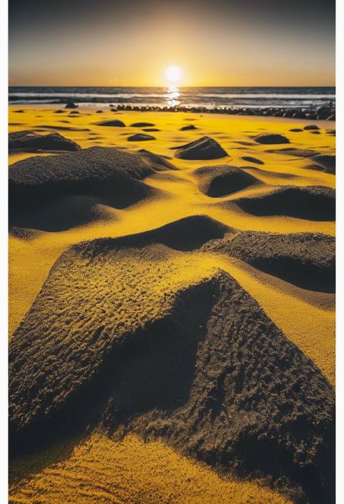 Pantai yang jernih dengan pasir hitam halus di bawah sinar matahari kuning cerah.