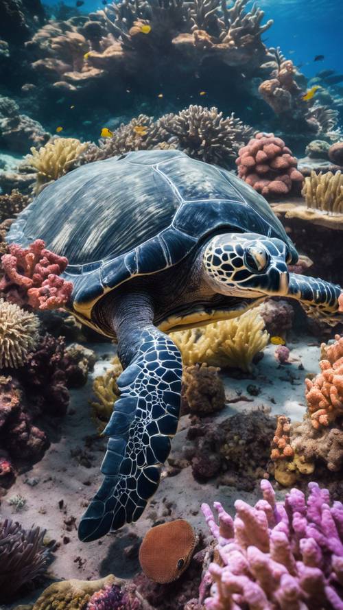 一隻巨大的棱皮龜，寧靜而威嚴，在珊瑚礁中色彩繽紛的珊瑚中游泳。