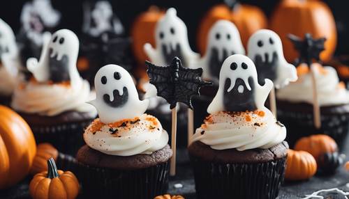Uma variedade de cupcakes de Halloween fofos, mas assustadores, decorados com fantasmas, aranhas e abóboras amigáveis.