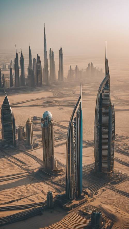 Eklektyczna panorama Dubaju, gdzie spotykają się innowacyjna architektura i pustynne krajobrazy.