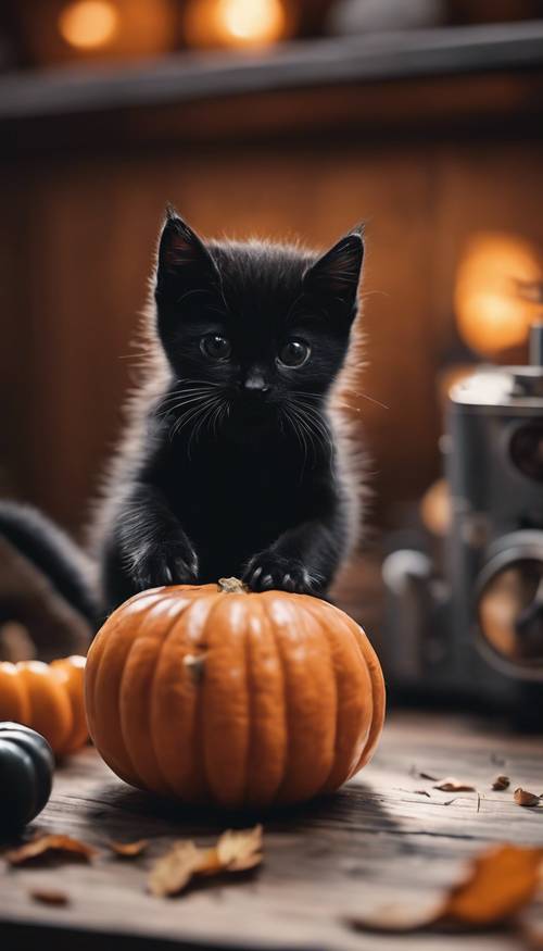 Siyah bir kedi yavrusu, ahşap bir mutfak masasının üzerindeki küçük, olgun bir balkabağını şakacı bir şekilde pençeliyor.