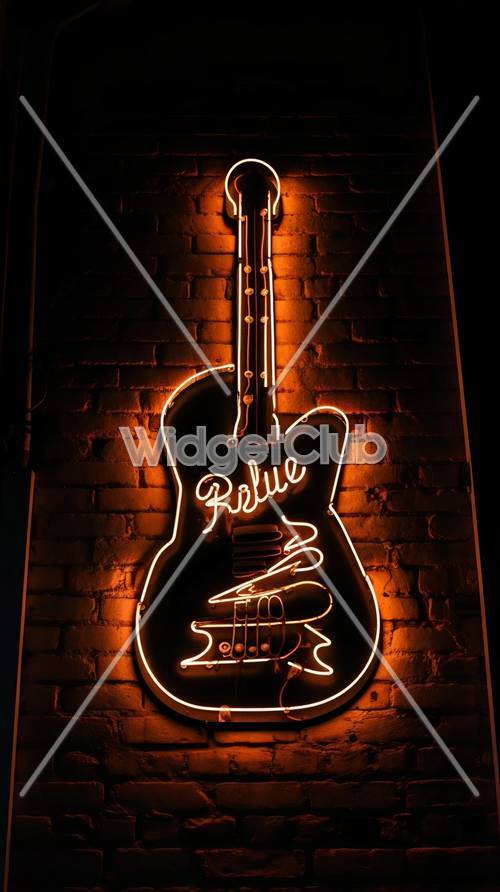 Signe de guitare au néon lumineux sur un mur de briques sombres