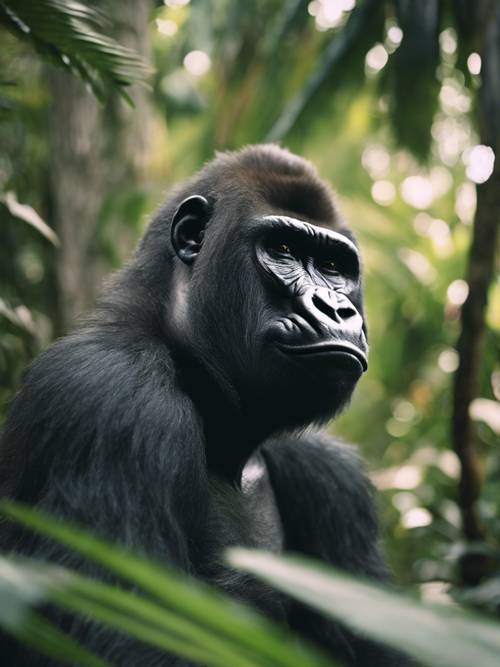 Un gorille adolescent arborant de manière rebelle une coiffure punk rock, dans un décor tropical luxuriant.