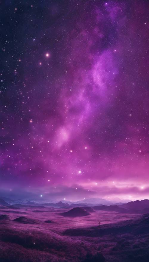 Una mística aurora boreal púrpura con el telón de fondo de innumerables estrellas dispersas de una galaxia lejana.
