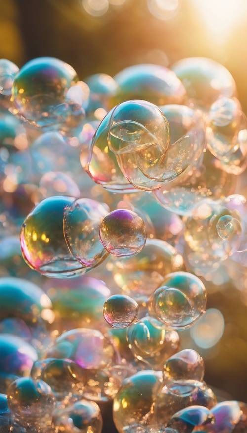 Große, glitzernde Seifenblasen in einem sich wiederholenden Design vor einem sonnigen Hintergrund.
