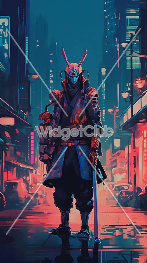 Samurai futurista em paisagem urbana de néon