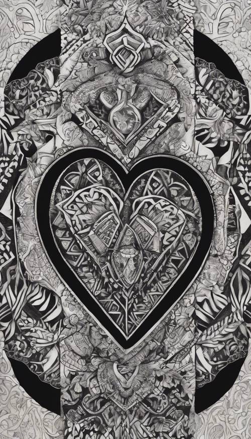 An intricately tattooed black heart, adorned with traditional tribal patterns. Tapeta [e5acfaaf6bc14411aae5]