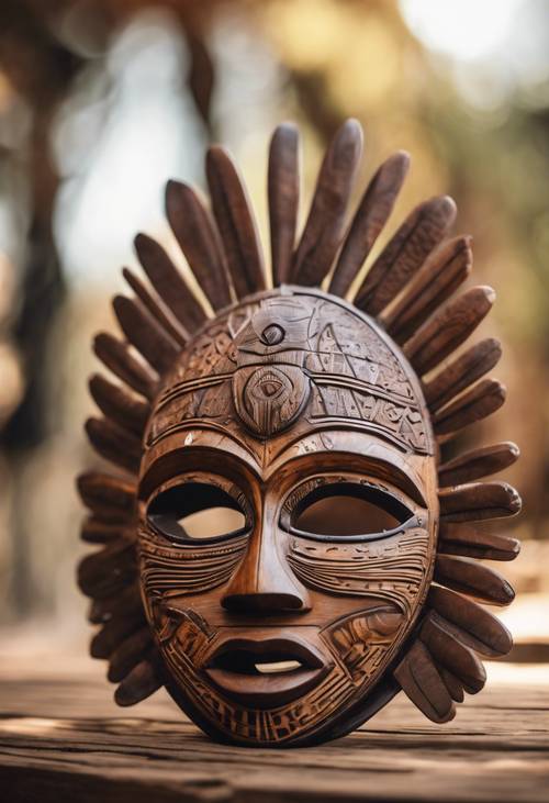 Creatively carved brown wooden mask from tribal Africa.