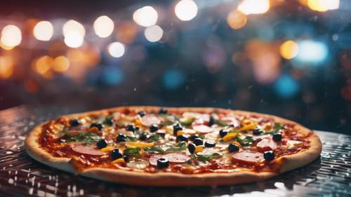 Digital data-inspired pixelated pizza in a high-tech cyber world.