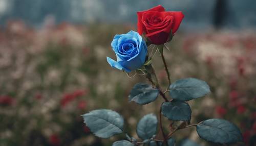 A blue rose and a red rose, intertwined stems, blooming side by side.