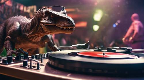 DJ dinossauro descolado tocando discos de vinil em uma boate movimentada.