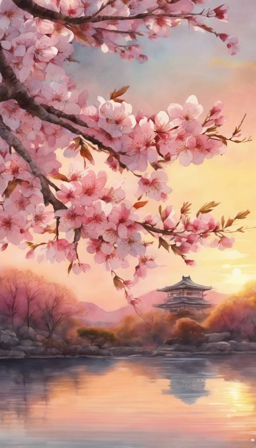ציור מדהים בצבעי מים של סצנת פריחת הדובדבן היפנית על רקע שקיעה שלווה