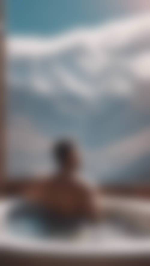 눈 덮인 산을 바라보며 온수 욕조에 몸을 담그고 있는 편안한 남자.