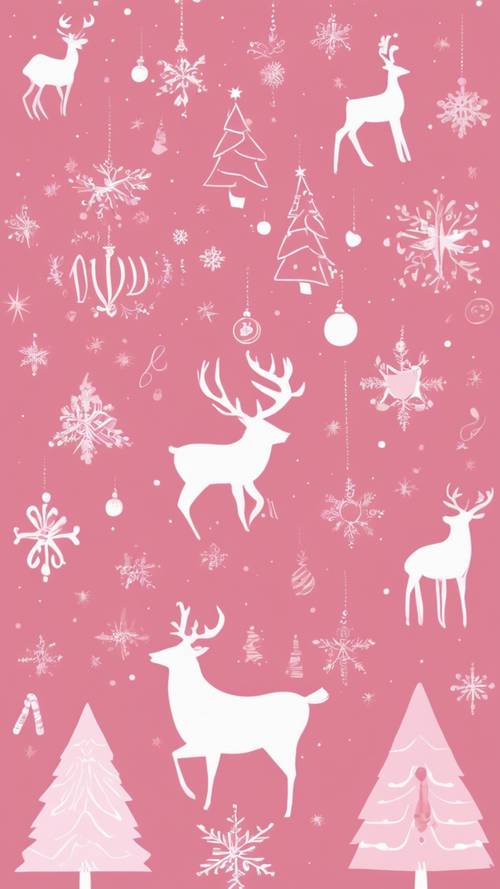 シンプルなデザインのクリスマスカード- 優雅なピンクイラストがクリスマスのアイコンを飾る