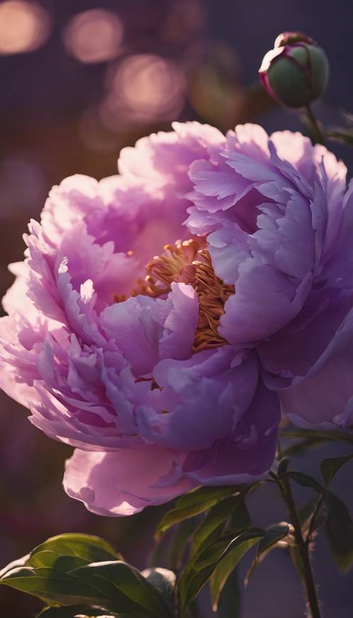 Một bông hoa mẫu đơn màu tím dưới ánh sáng dịu nhẹ của buổi tối.