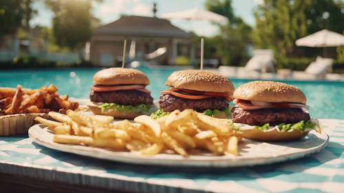 Une photo invitante d&#39;un barbecue au bord de la piscine avec des hamburgers fraîchement grillés.