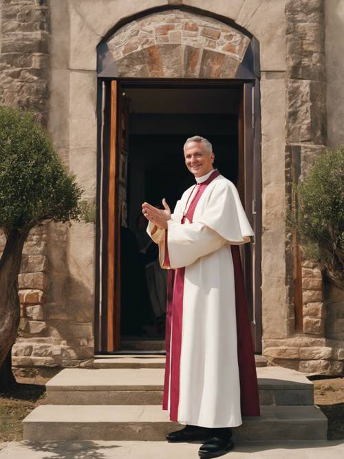 A kind and smiling priest warmly welcoming parishioners at the entrance of the church.