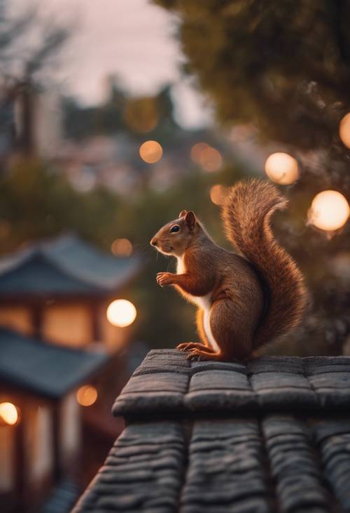 황혼녘의 매혹적인 도시 풍경, 유쾌한 다람쥐가 지붕과 나무 사이를 분주히 뛰어다닙니다.