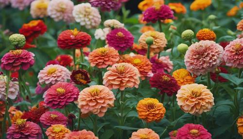 An array of zinnias in various stages of bloom, from bud to full bloom.
