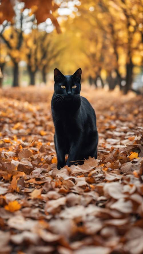Czarny kot z ciekawością zagląda przez jesienne liście.