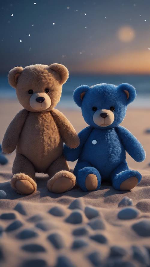Ay ışığının aydınlattığı bir kumsalda oturan bir çift koyu mavi kawaii tarzı oyuncak ayı