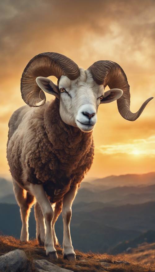 Un carnero majestuoso, que simboliza el signo zodiacal Aries, posado en una alta montaña con un atardecer dorado como telón de fondo.