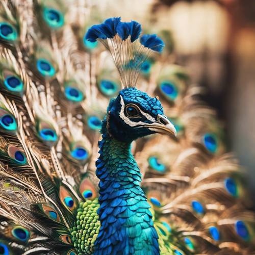 A peacock dragon displaying a radiant fan of opalescent scales in a royal court.