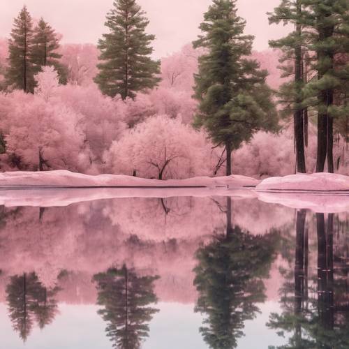 Hutan terpantul di danau marmer merah muda pastel yang tenang.