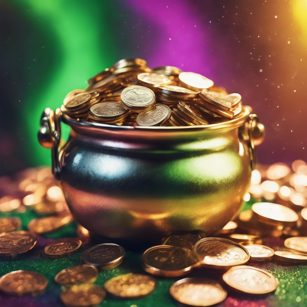 A heap of twinkling coins in a leprechaun's pot at the end of the rainbow. Tapeta[998d9a23033e4dcba272]