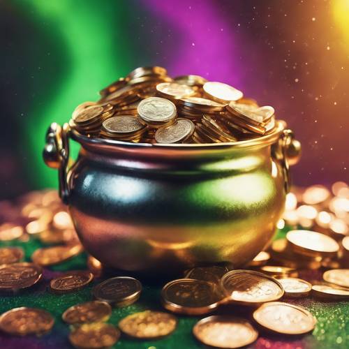 Ein Haufen funkelnder Münzen im Topf eines Kobolds am Ende des Regenbogens.